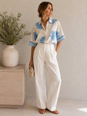 Academy Women Australia Linen Blend Floral Resort Shirt Blue White Top  NWT